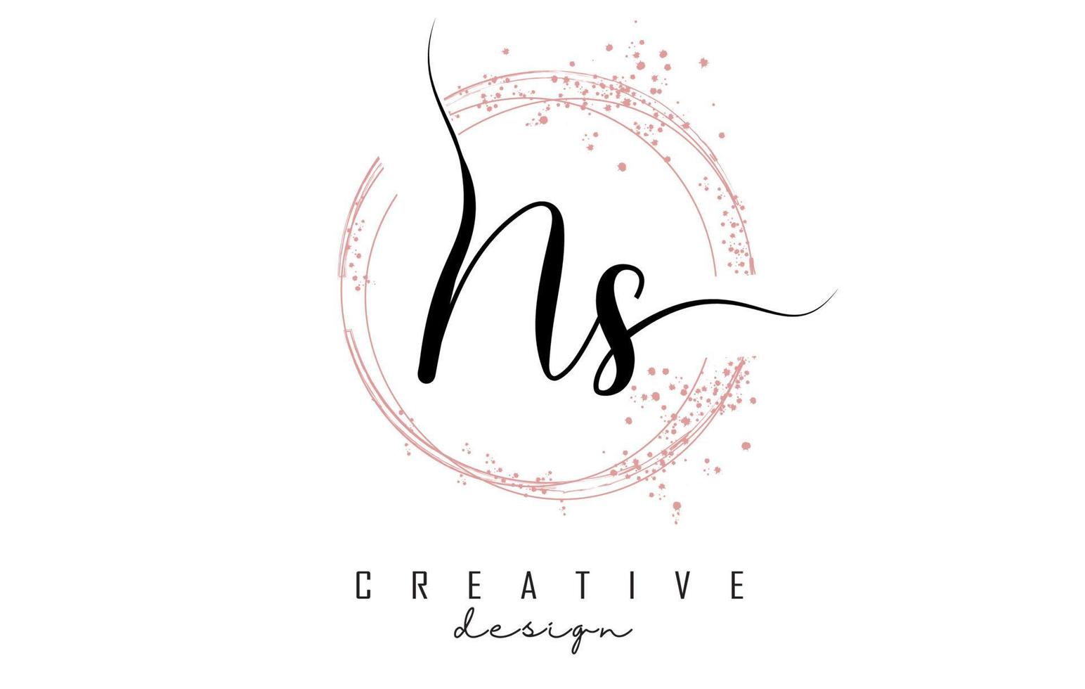 Handwritten NS N S letter logo with sparkling circles with pink glitter. vector