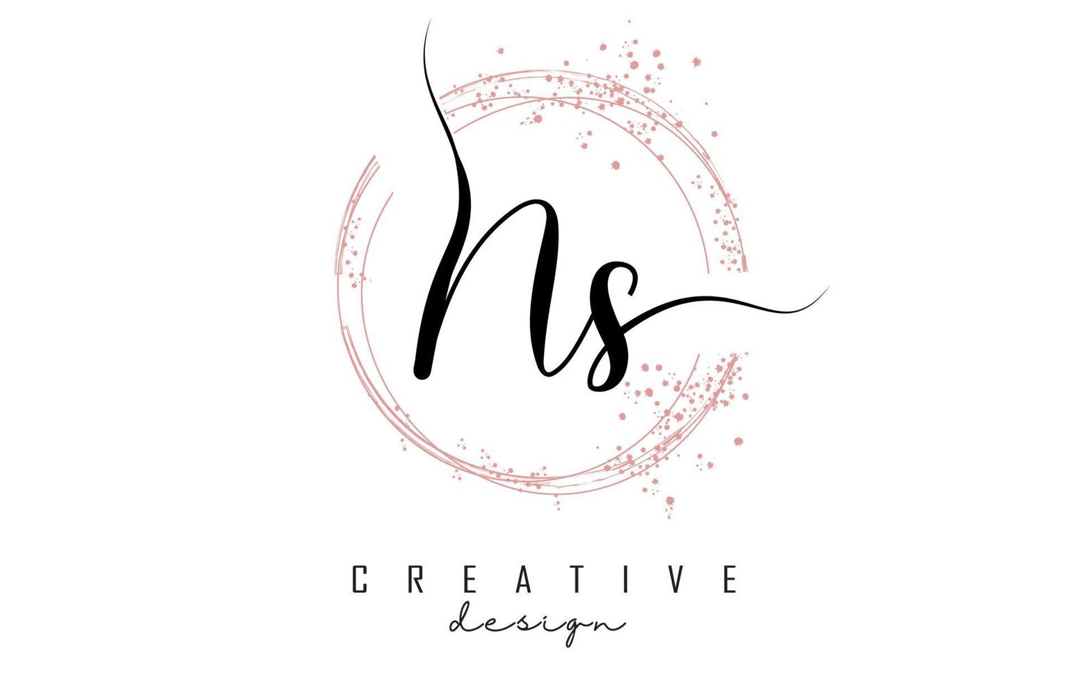 Handwritten NS N S letter logo with sparkling circles with pink glitter. vector