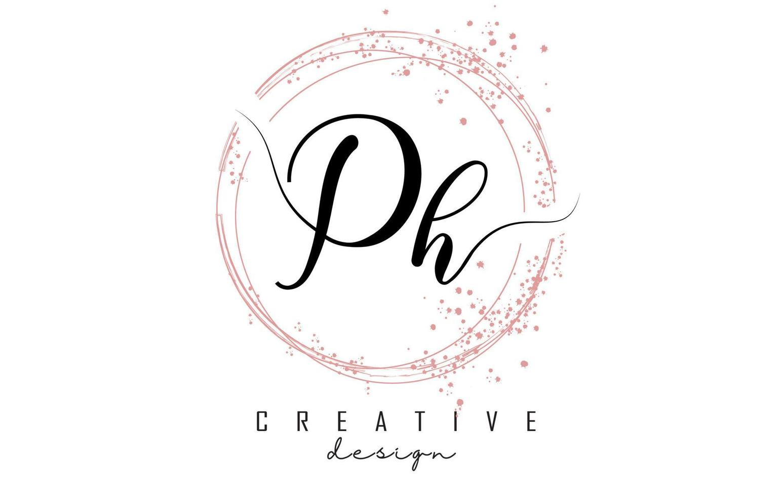 Logotipo de letra ph ph ph manuscrito con círculos brillantes con brillo rosa. vector