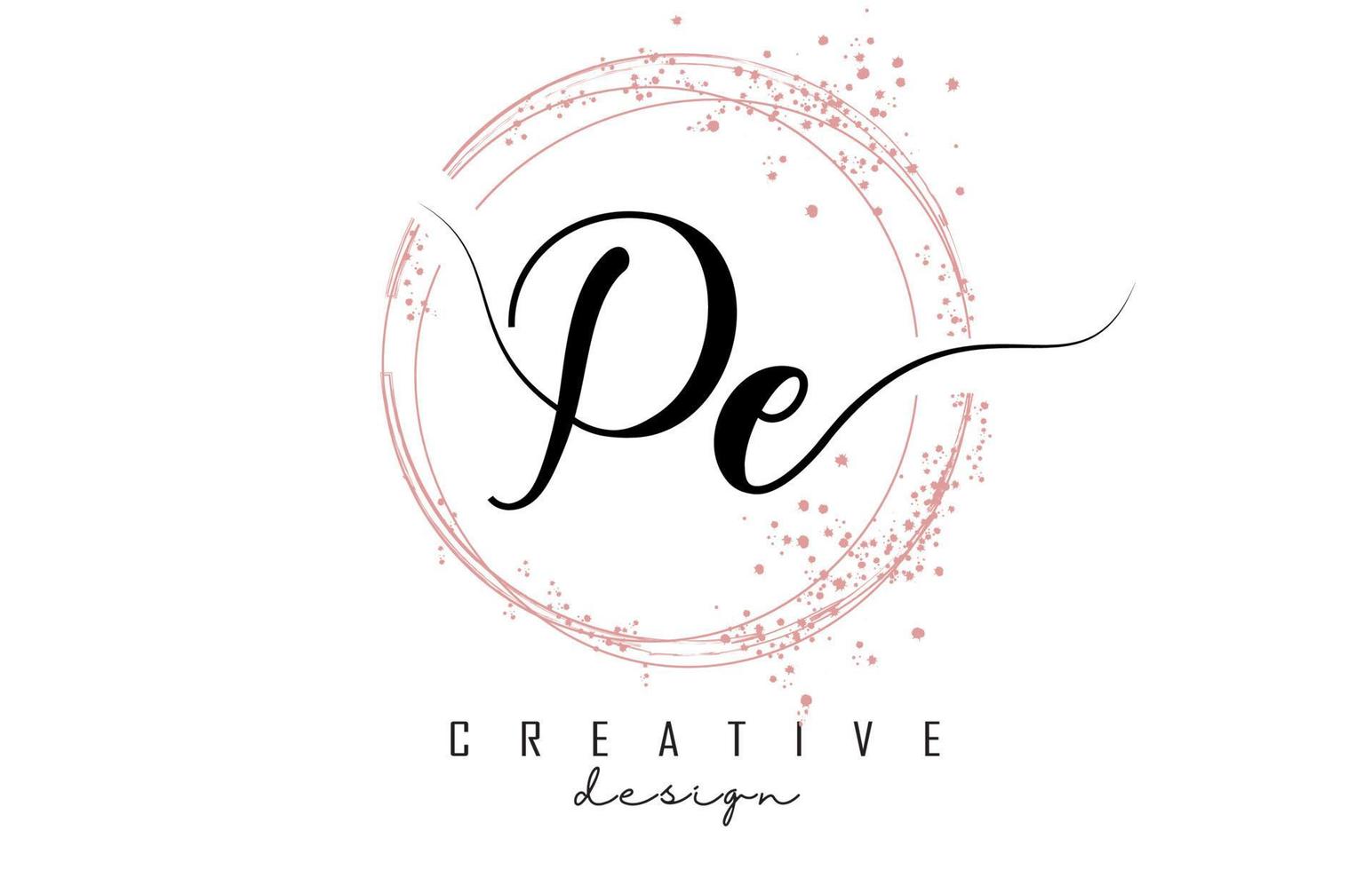 Handwritten PE P E letter logo with sparkling circles with pink glitter. vector