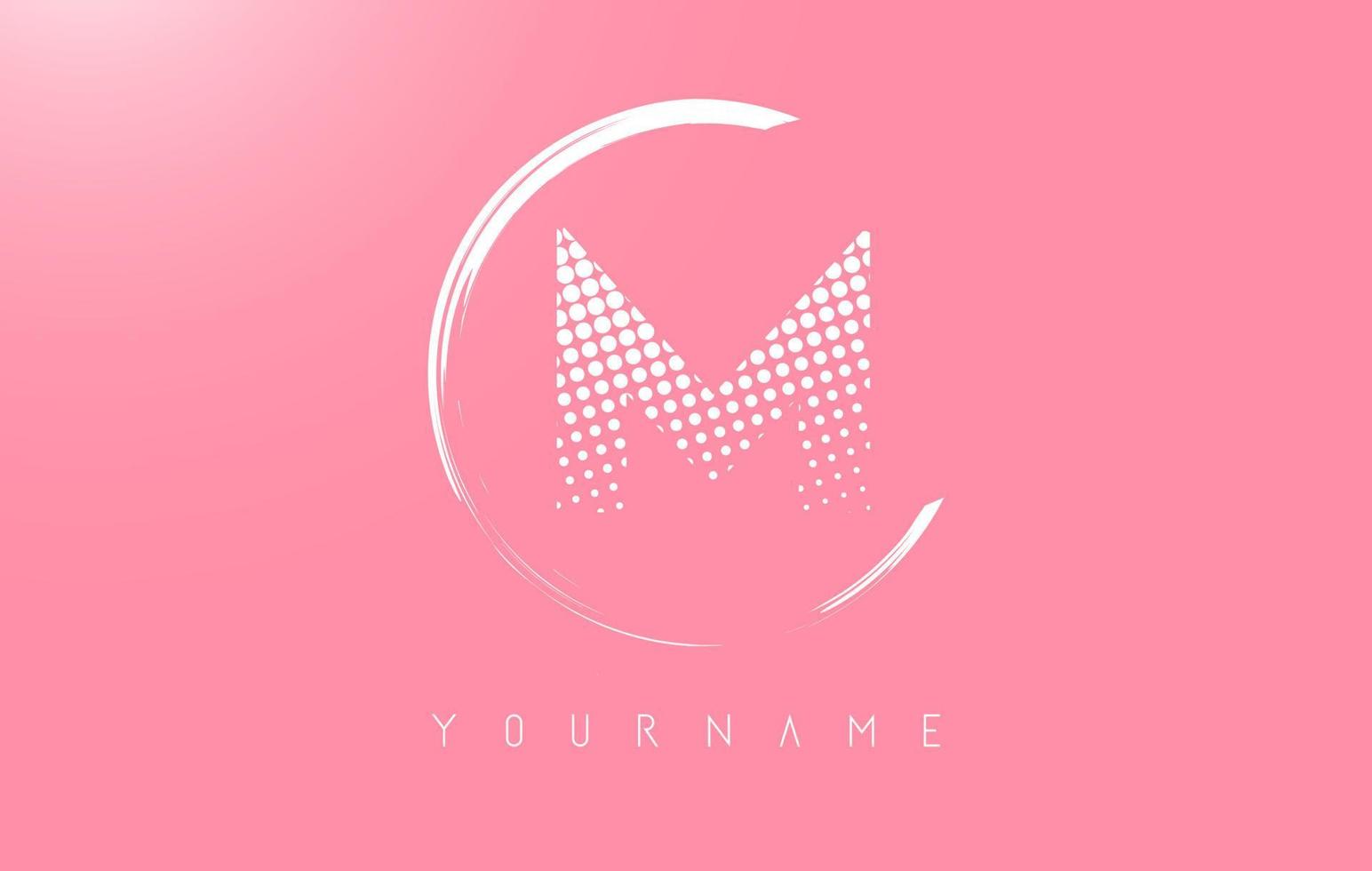 White M letter logo design with white dots and white circle frame on pink background. vector