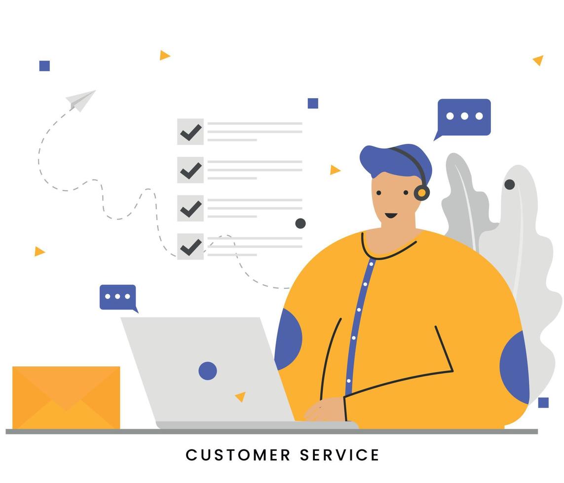 Flat vector illustration customer service with a headset on computer concept