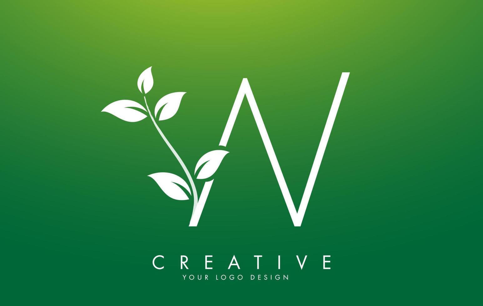 White Leaf Letter W Logo Design with Leaves on a Branch and Green Background. Letter W with nature concept. vector