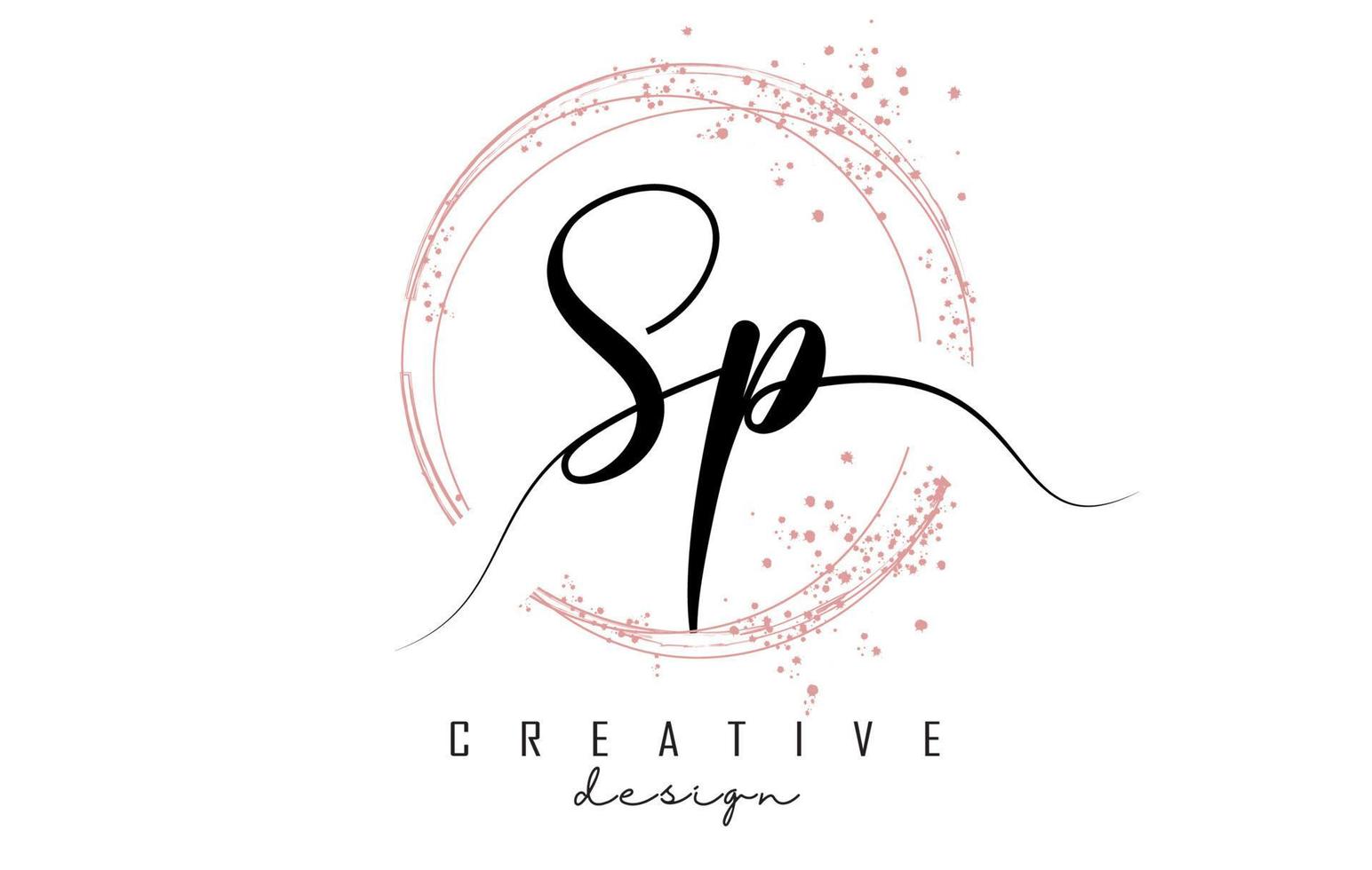 Handwritten SP S P letter logo with sparkling circles with pink glitter. vector