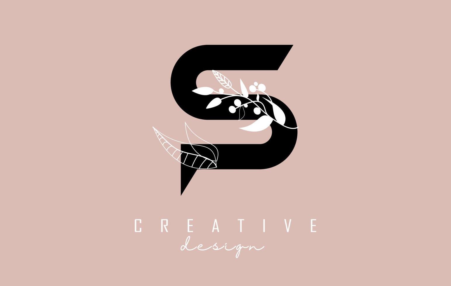 S Black Letter Logo with white leaves, leaf, branch design. Creative and elegant vector illustration with letter S.