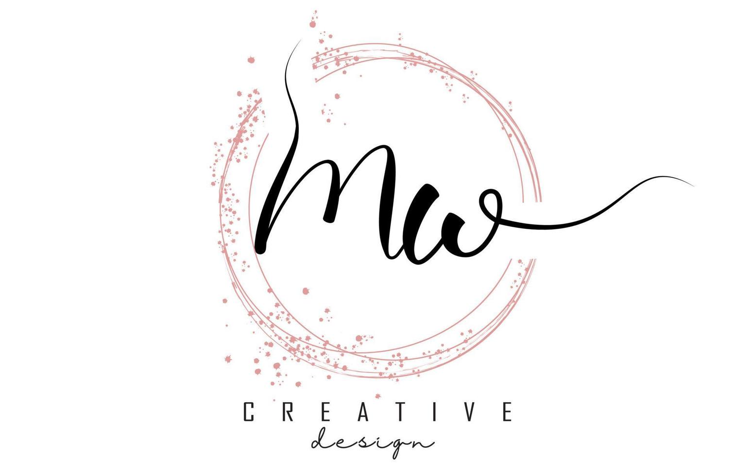 Handwritten MW M W letter logo with sparkling circles with pink glitter. vector