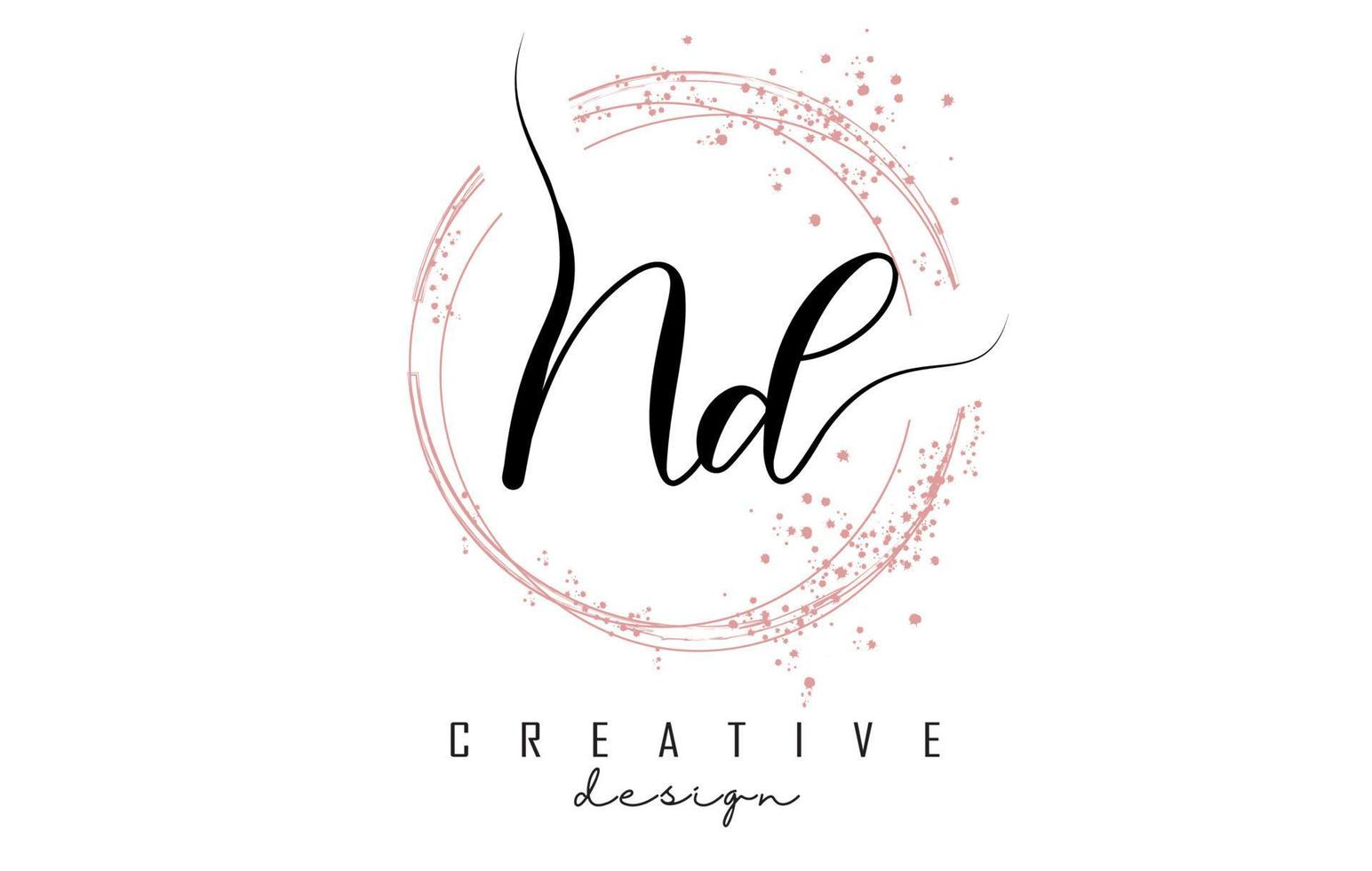 Logotipo de letra nd nd manuscrita con círculos brillantes con brillo rosa. vector