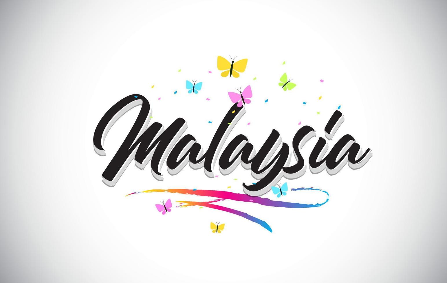 Malaysia Handwritten Vector Word Text with Butterflies and Colorful Swoosh.