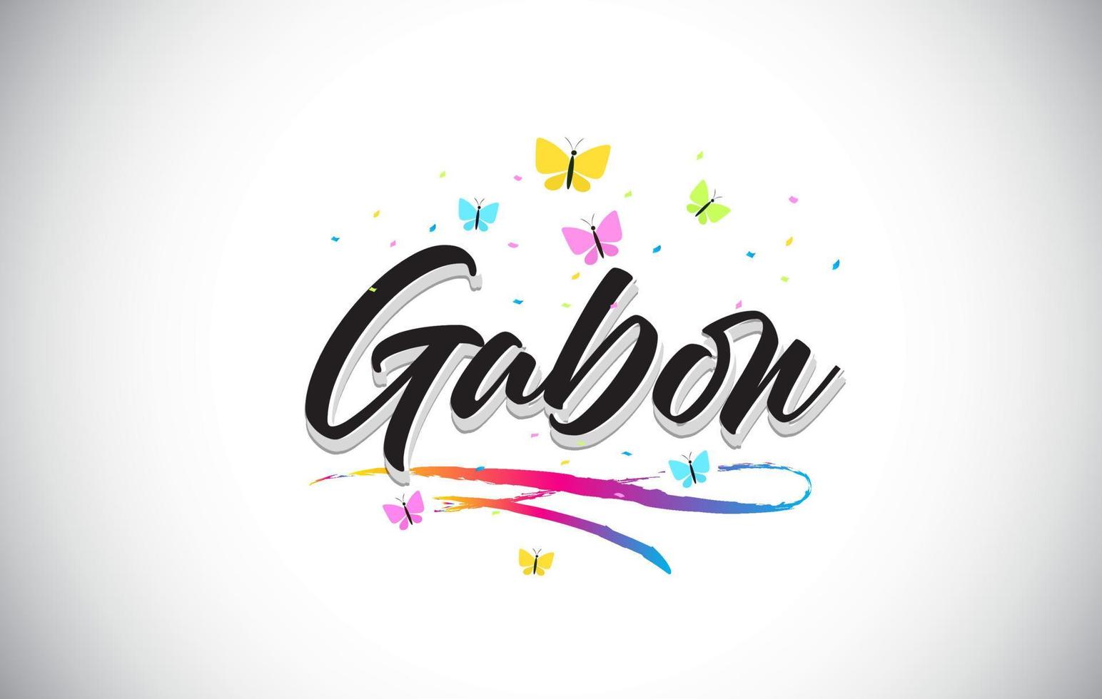 Gabon Handwritten Vector Word Text with Butterflies and Colorful Swoosh.