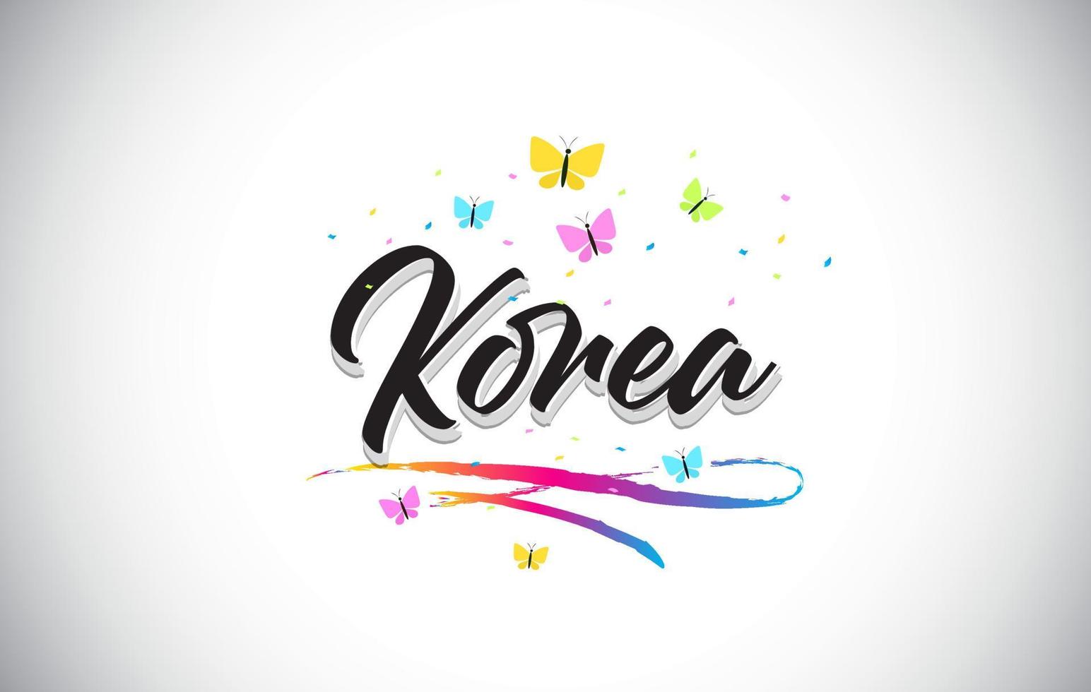 Korea Handwritten Vector Word Text with Butterflies and Colorful Swoosh.