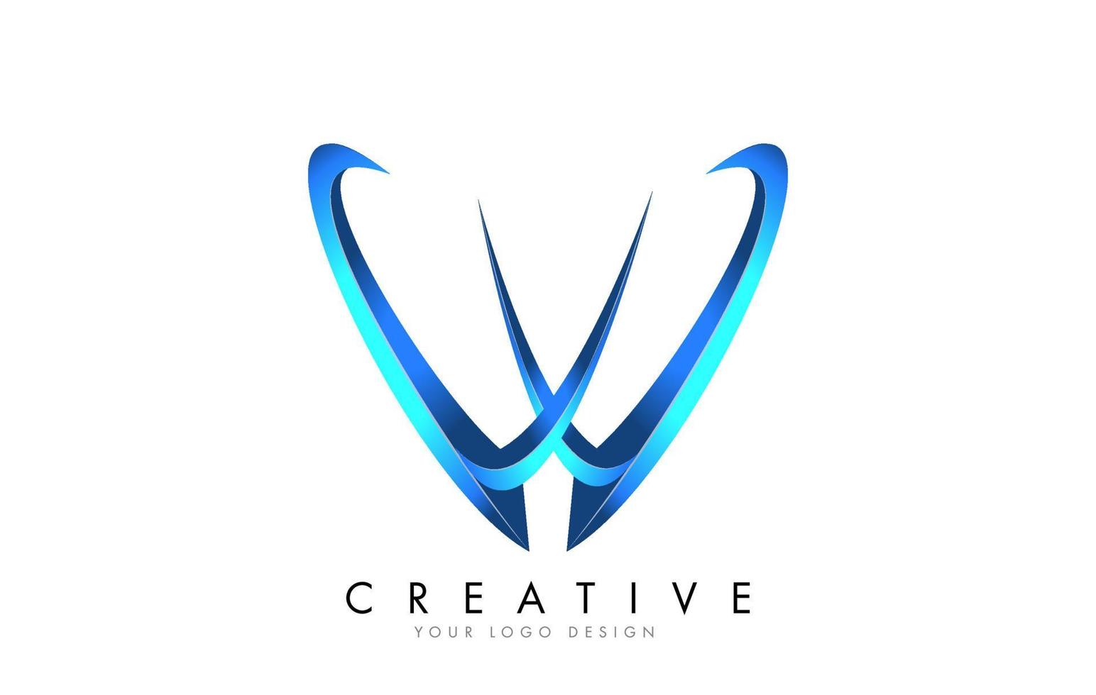 Logotipo de letra w creativo con swashes azules brillantes en 3d. vector de icono de swoosh azul.