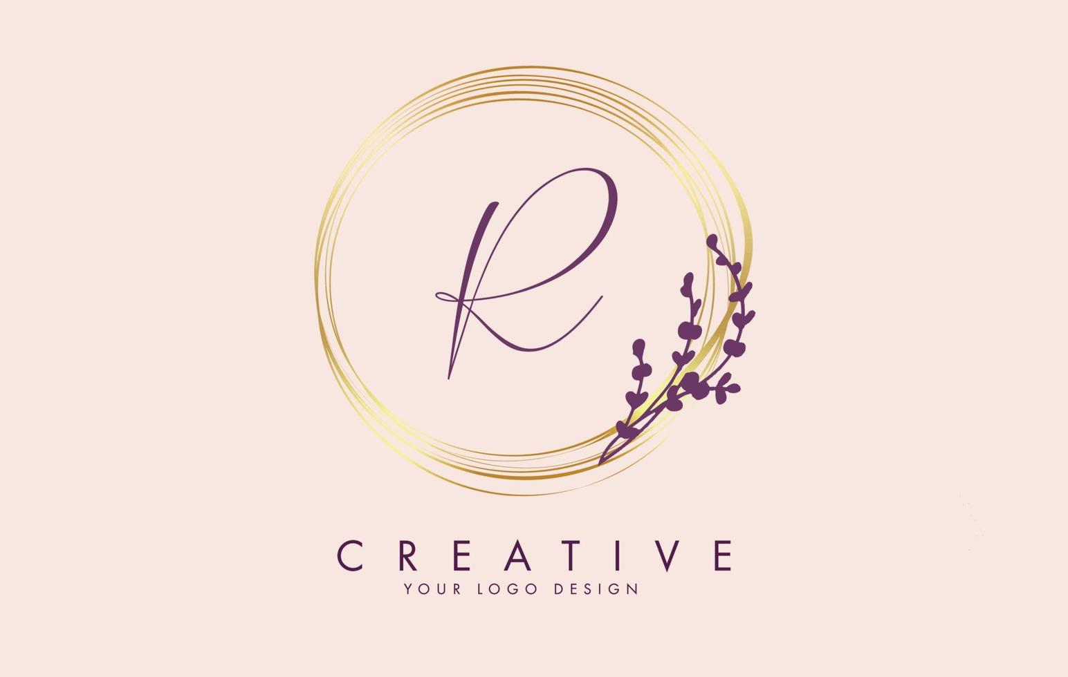 Handwritten R Letter logo design with golden circles and purple leaves on branches around. Vector Illustration with R letter.