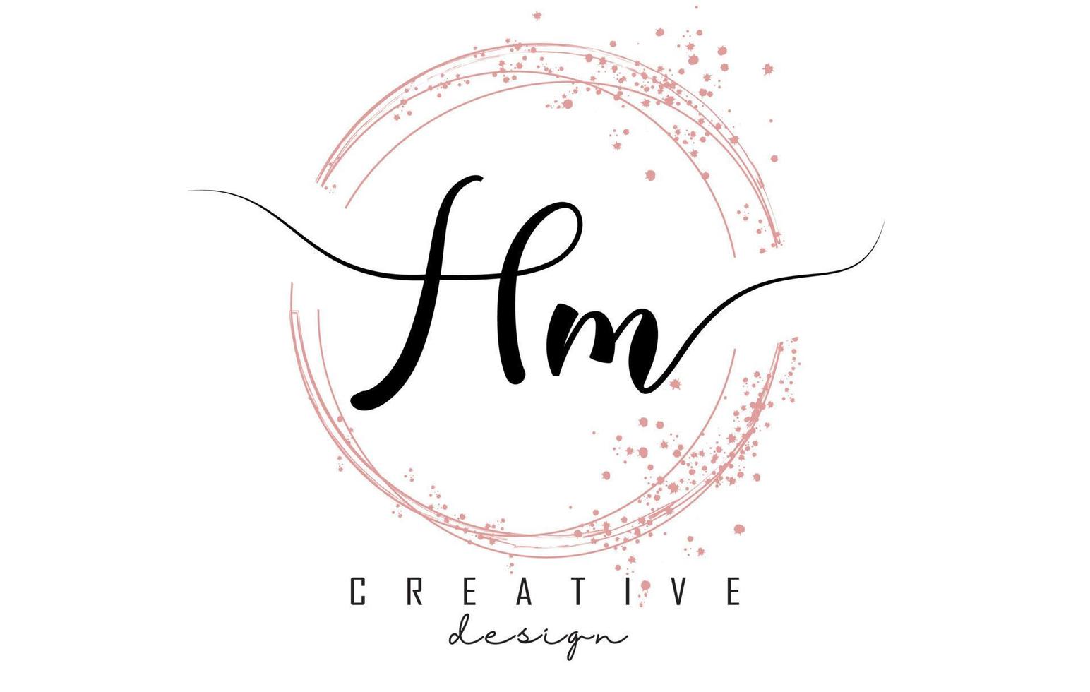 Handwritten HM H M letter logo with sparkling circles with pink glitter. vector