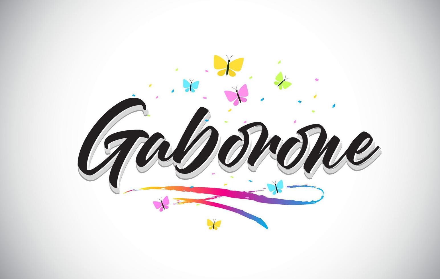 texto de palabra de vector manuscrito de Gaborone con mariposas y swoosh colorido.