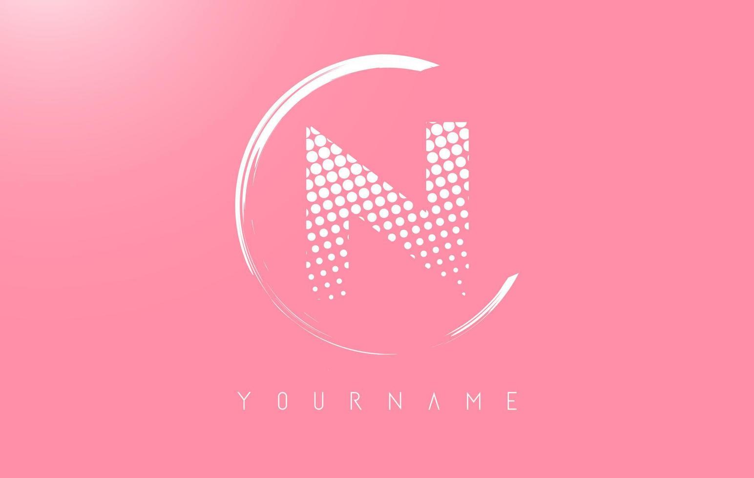 White N letter logo design with white dots and white circle frame on pink background. vector