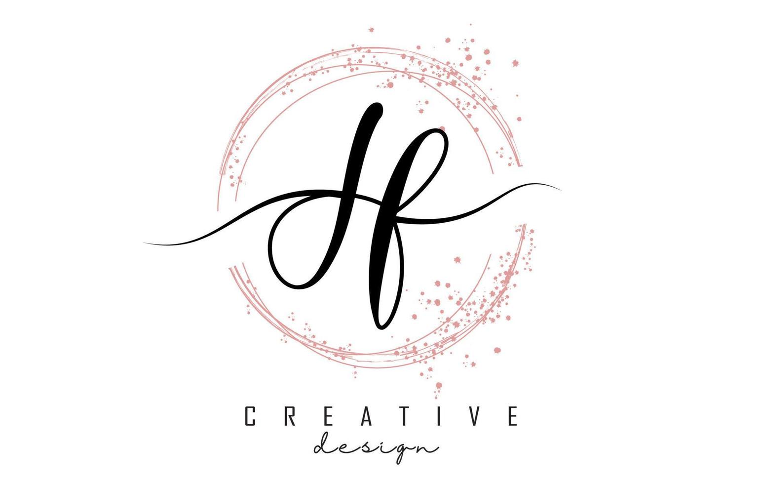 Handwritten JF J F letter logo with sparkling circles with pink glitter. vector