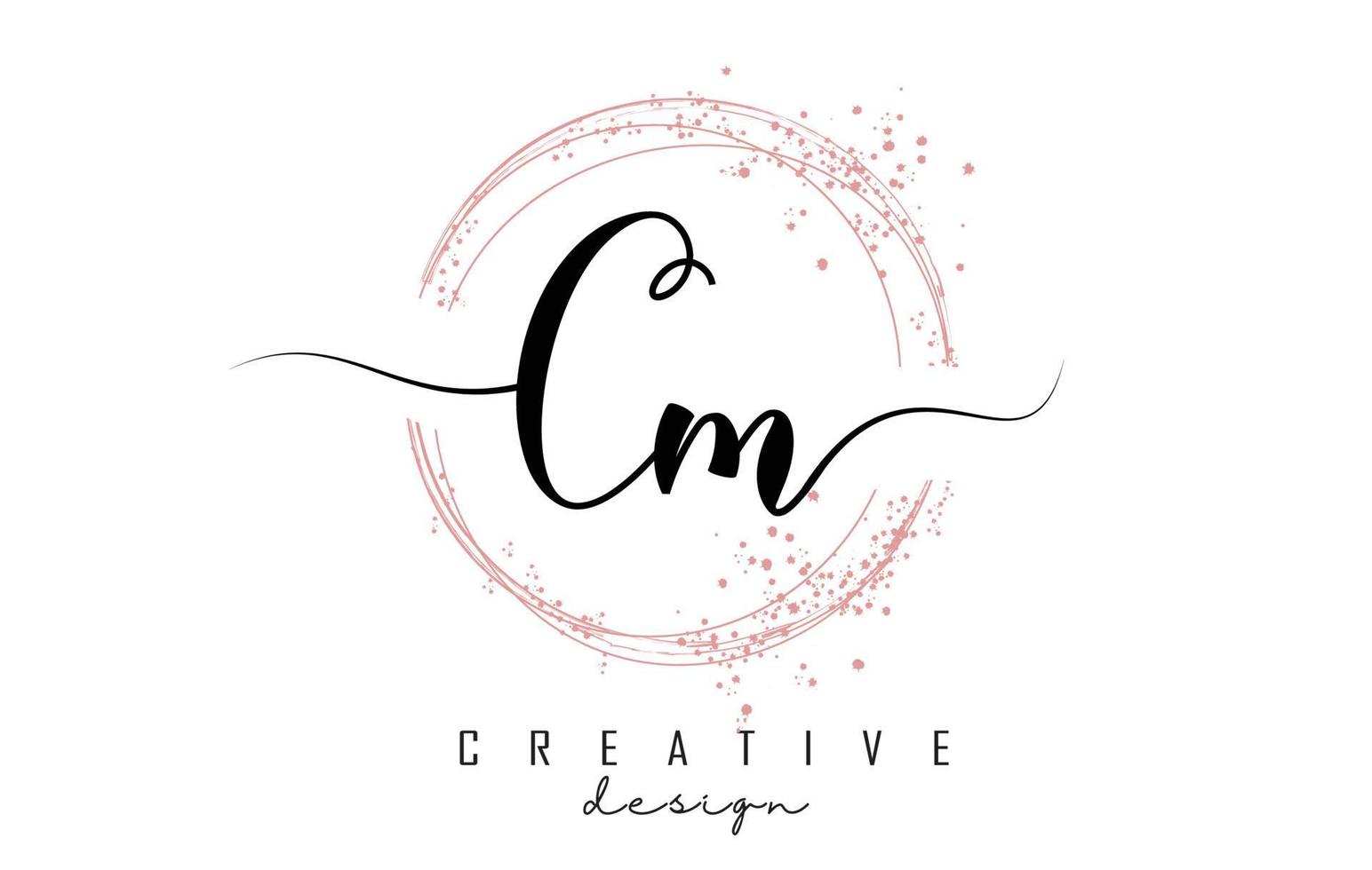 Handwritten Cm C m letter logo with sparkling circles with pink glitter. vector