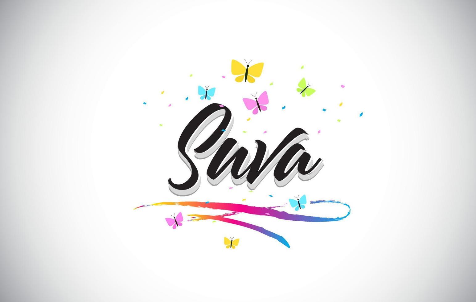 Suva Handwritten Vector Word Text with Butterflies and Colorful Swoosh.