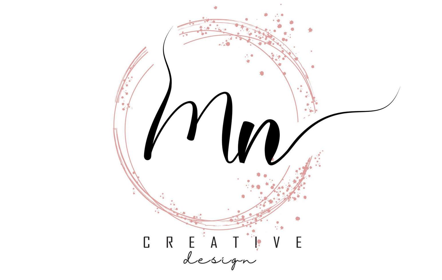 Handwritten Mn M n letter logo with sparkling circles with pink glitter. vector