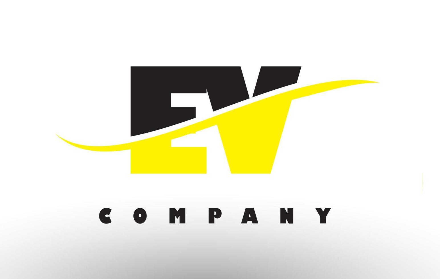 Ev ev logotipo de letra negra y amarilla con swoosh. vector