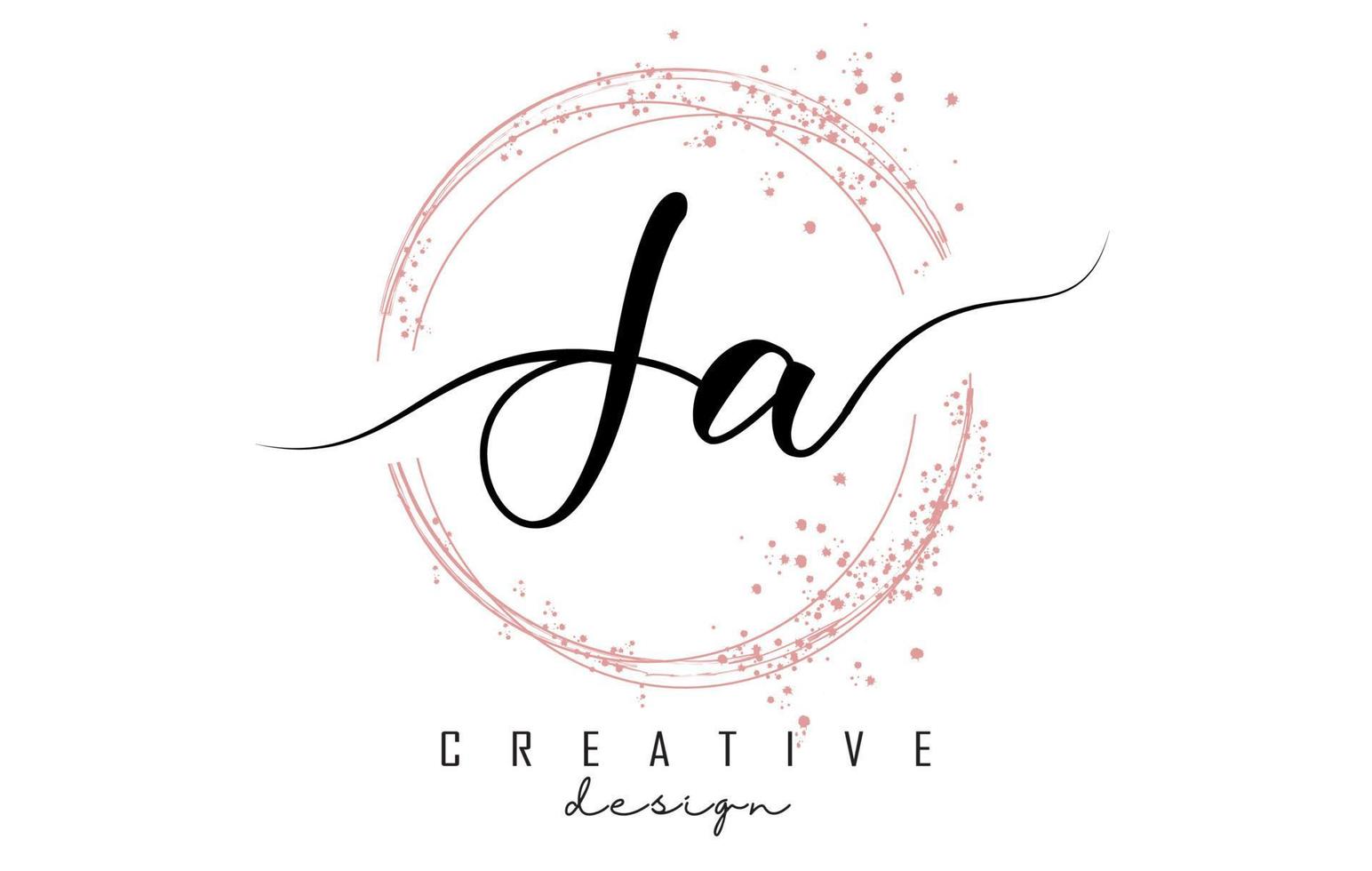 Handwritten JA J A letter logo with sparkling circles with pink glitter. vector