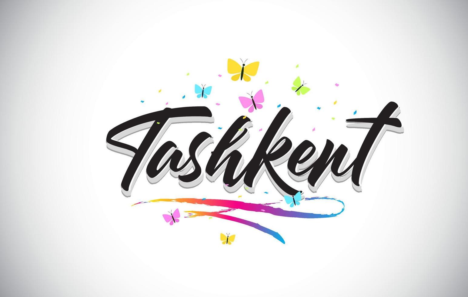 Tashkent Handwritten Vector Word Text with Butterflies and Colorful Swoosh.