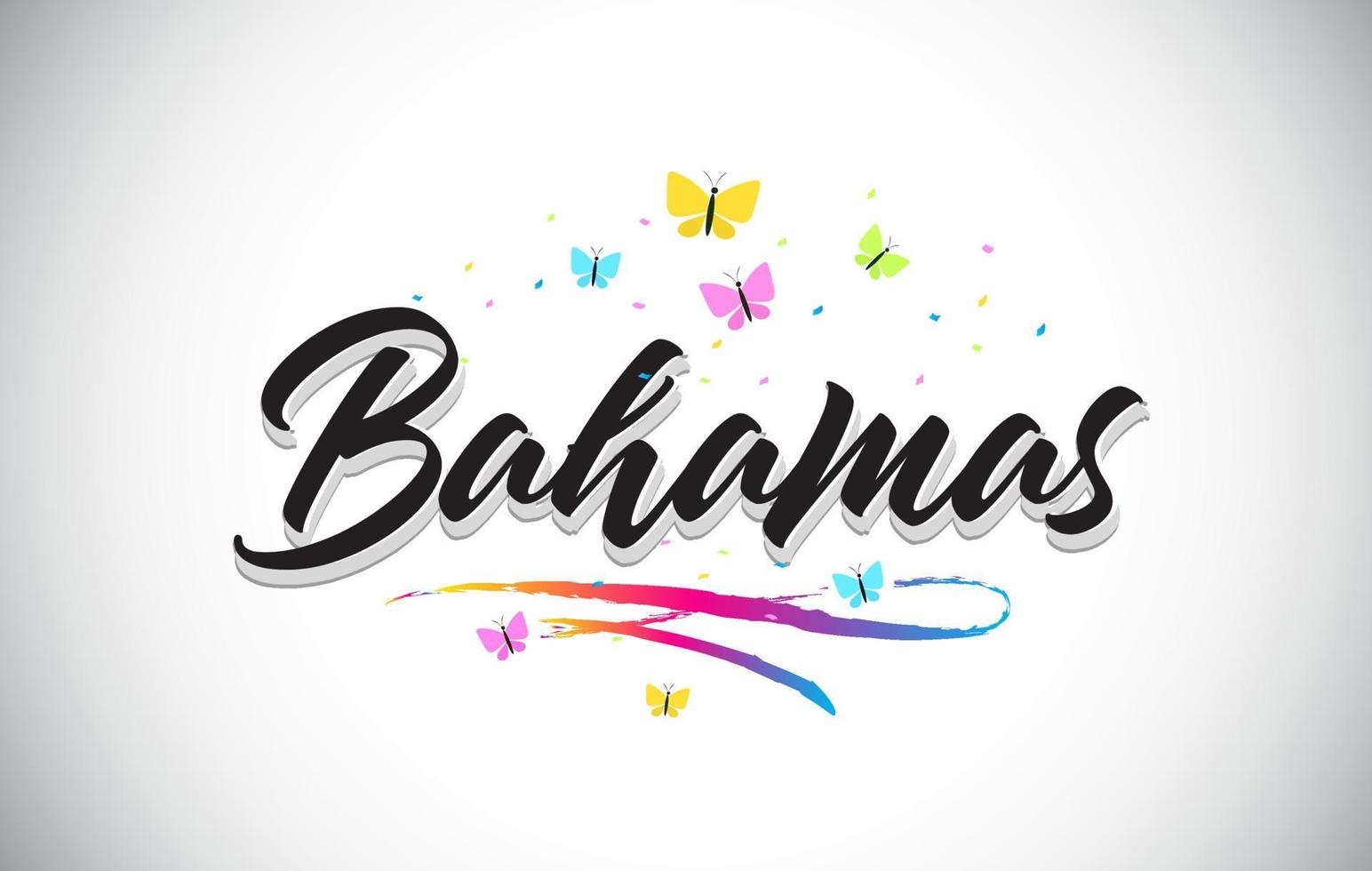 Bahamas texto manuscrito de la palabra del vector con las mariposas y el swoosh colorido.