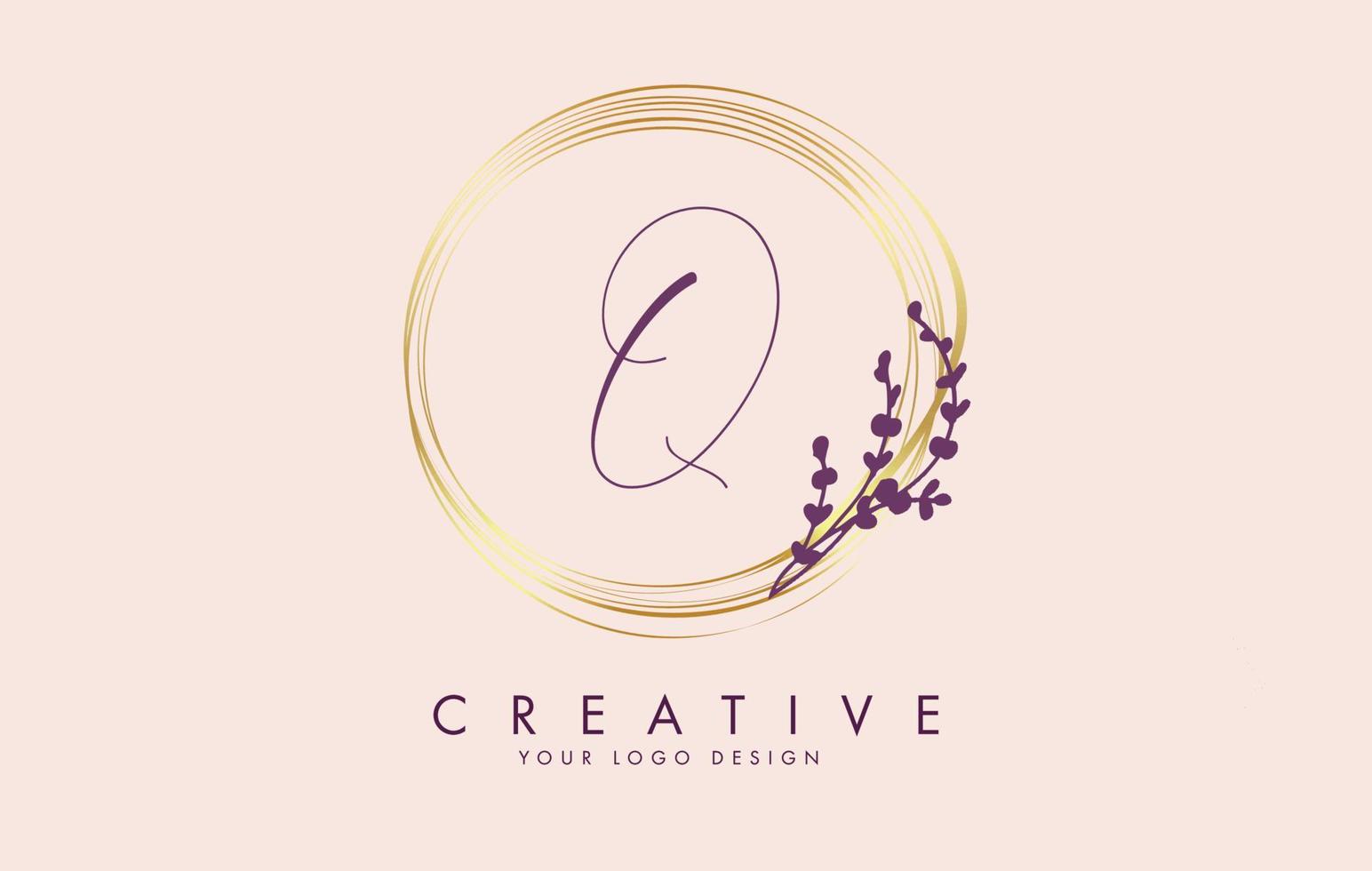 Handwritten Q Letter logo design with golden circles and purple leaves on branches around. Vector Illustration with  Q letter.