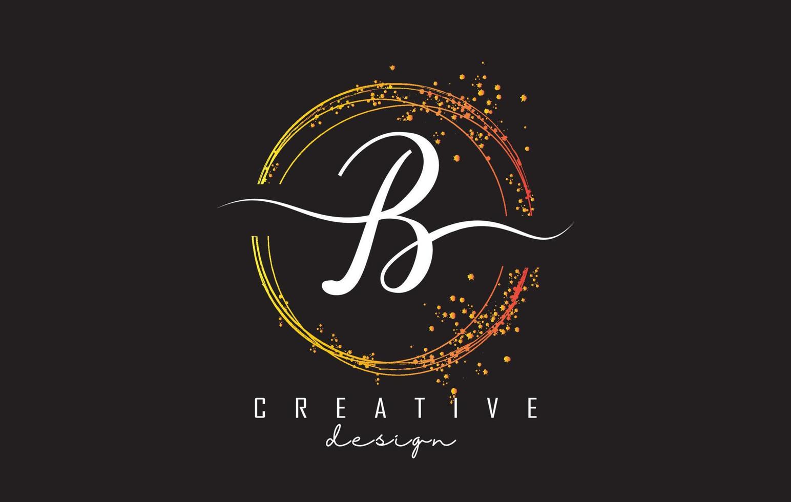 Golden sparkling circles and glitter frame for handwriting B letter logo. vector