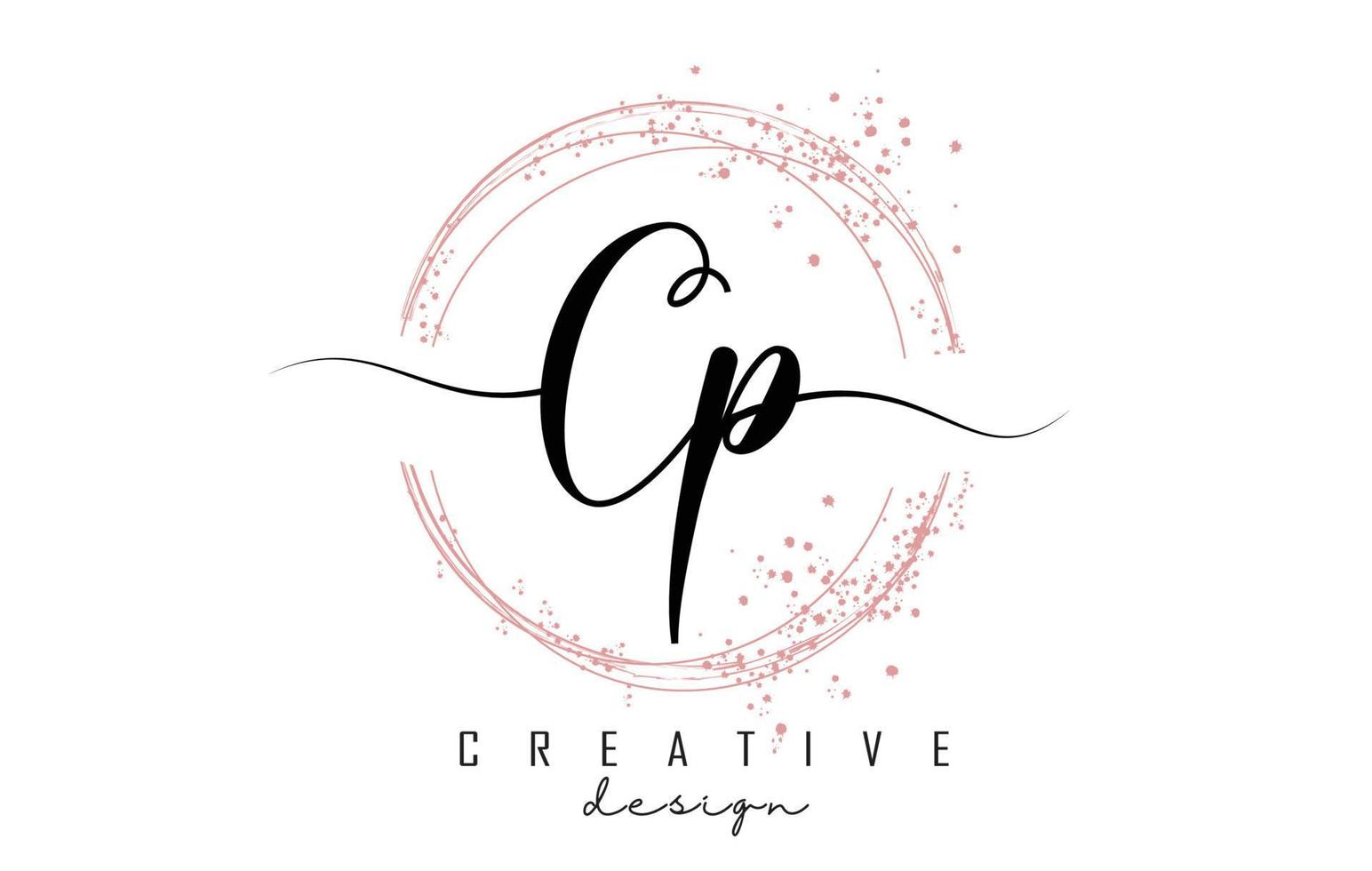 Handwritten Cop C p letter logo with sparkling circles with pink glitter. vector