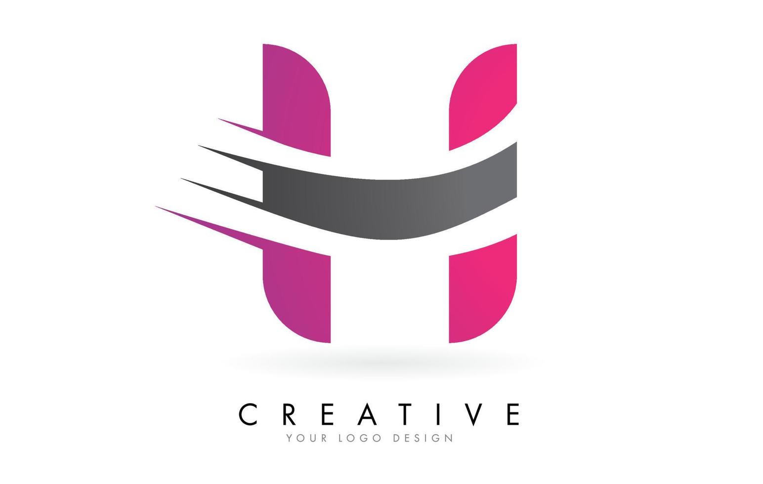 Logotipo de la letra H con diseño de bloques de color rosa y gris y corte creativo. vector