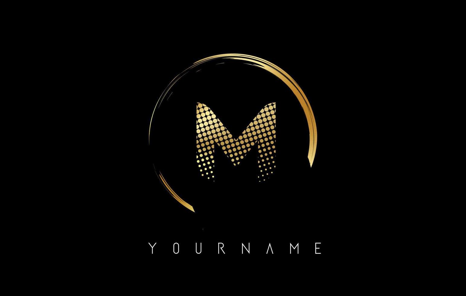 Golden M letter logo design with golden dots and circle frame on black background. vector