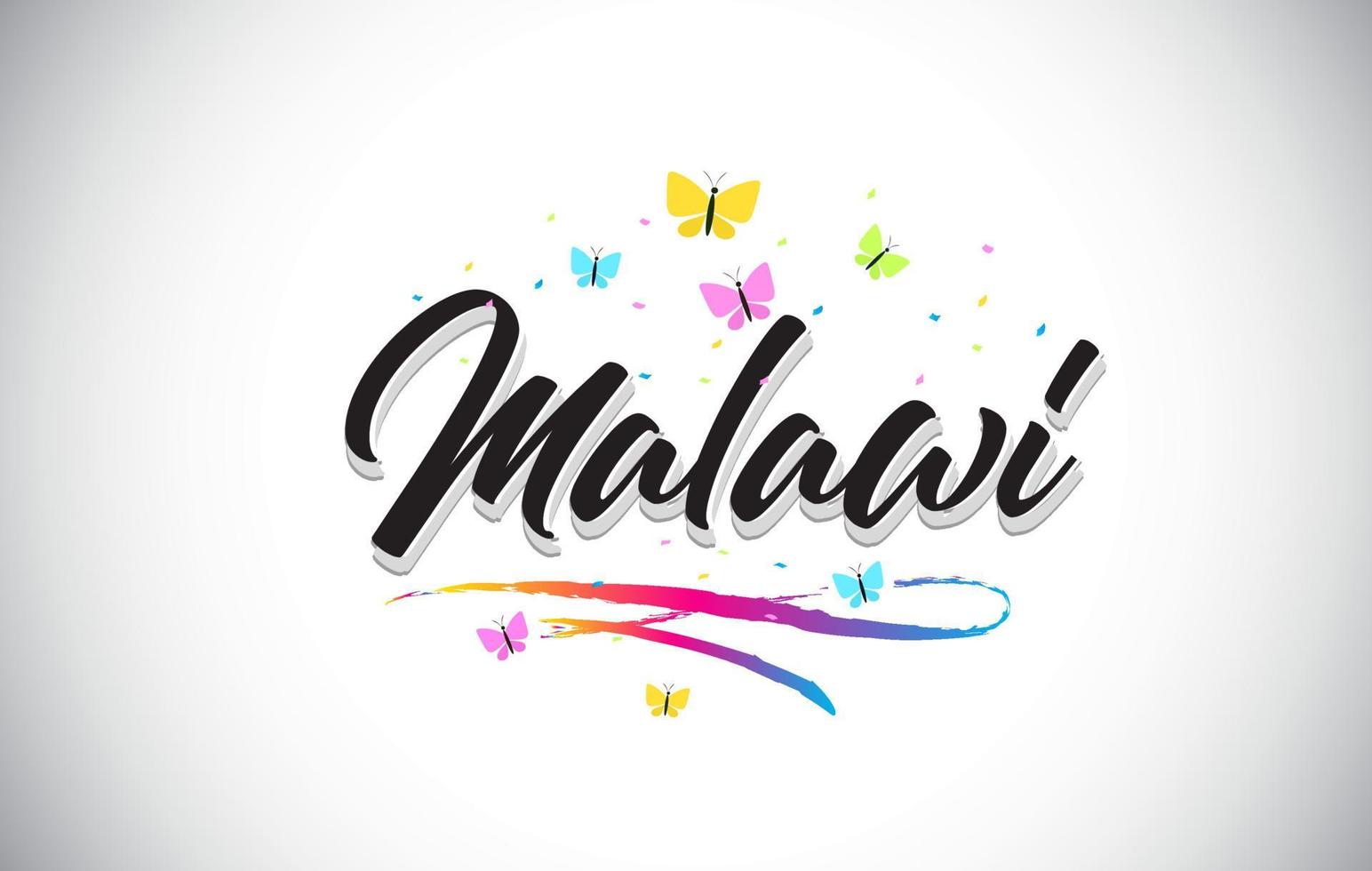 Malawi Handwritten Vector Word Text with Butterflies and Colorful Swoosh.