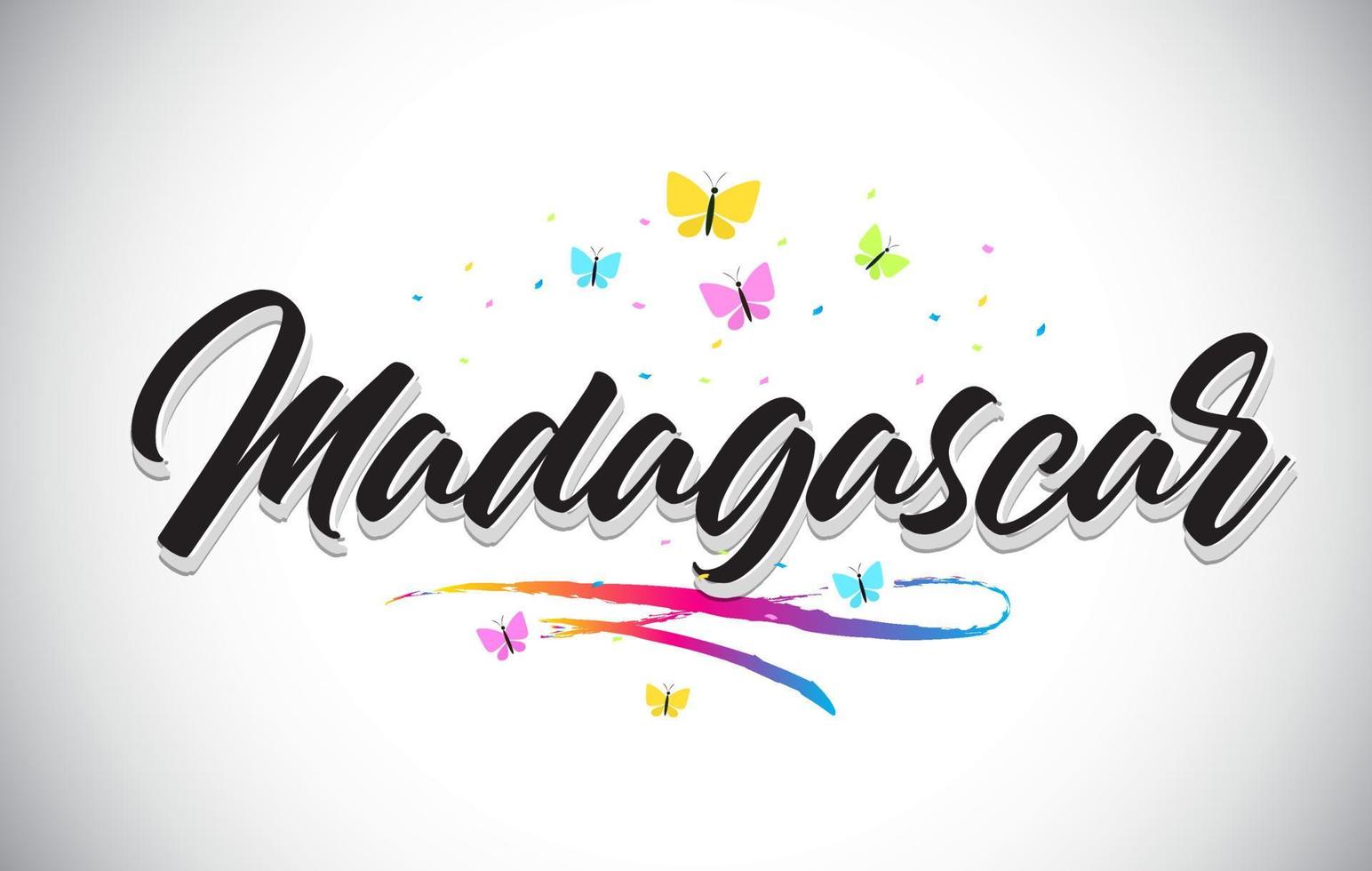 Madagascar Handwritten Vector Word Text with Butterflies and Colorful Swoosh.