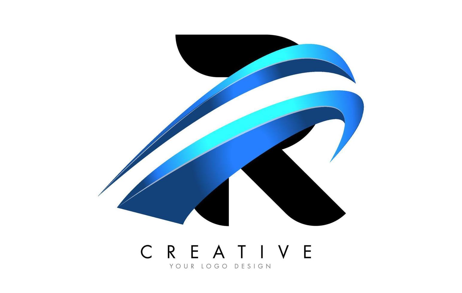 Logo de letra R con diseño de swash degradado azul. vector