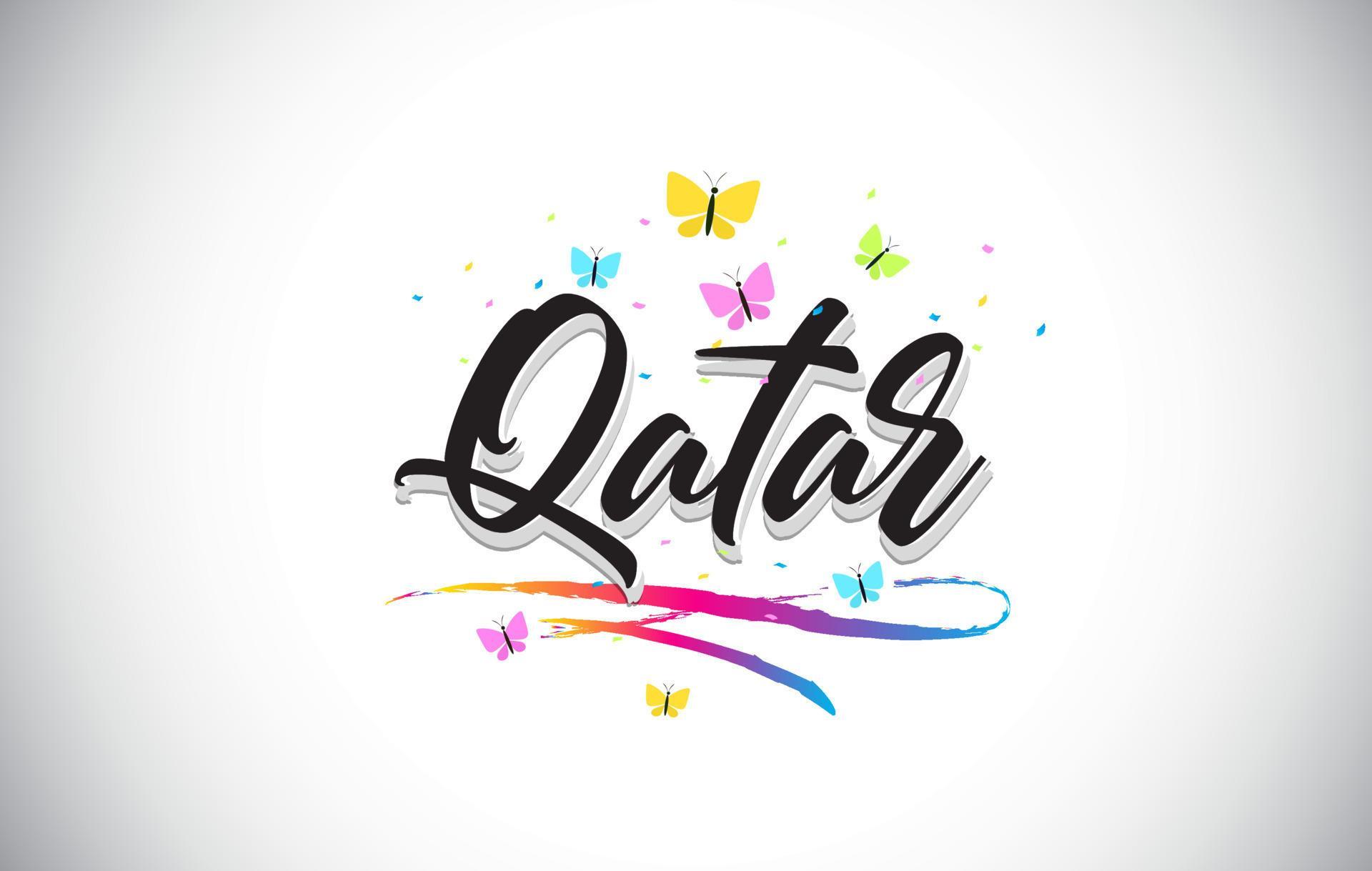 Qatar Handwritten Vector Word Text with Butterflies and Colorful Swoosh