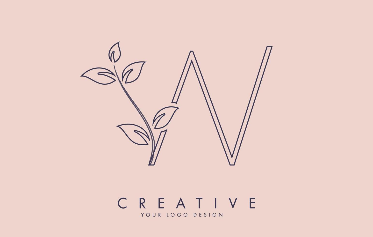 Outline Leaf Letter W Logo Design with Leaves on a Branch and Pink Background. Letter W with nature concept. vector