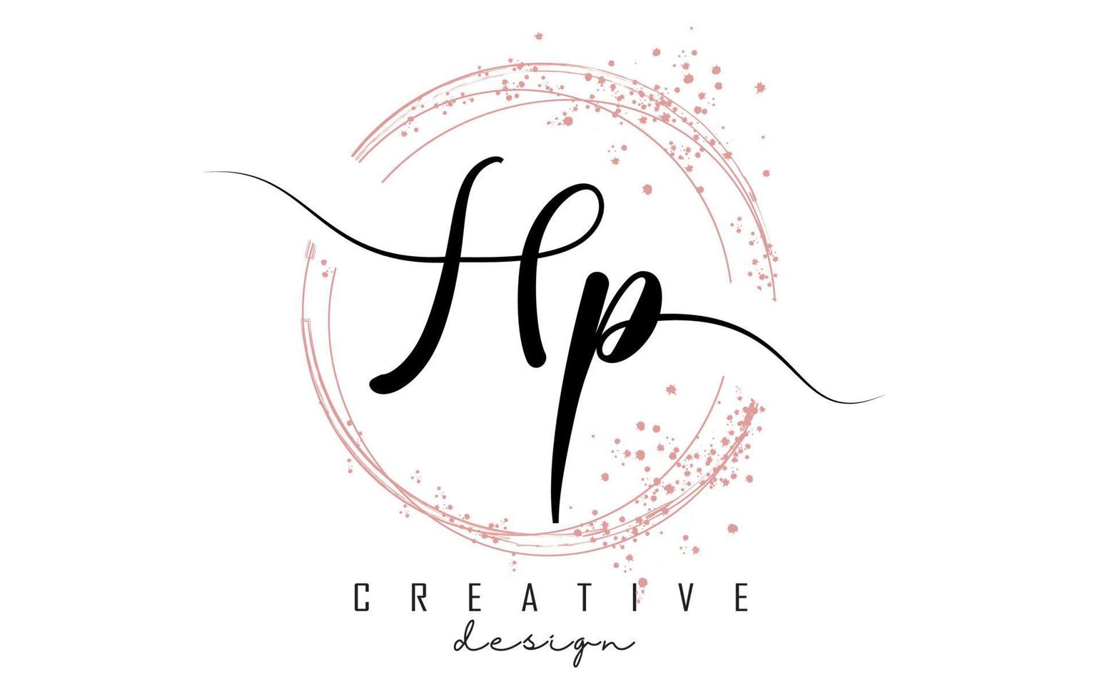 Handwritten HP H P letter logo with sparkling circles with pink glitter. vector