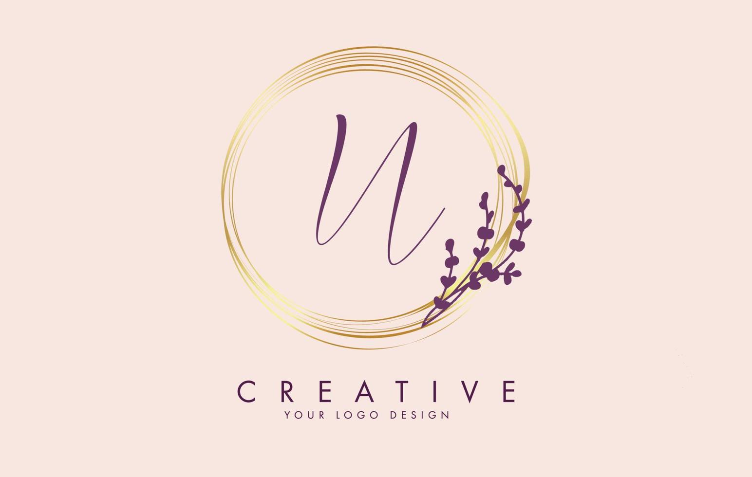 Handwritten N Letter logo design with golden circles and purple leaves on branches around. Vector Illustration with N letter.