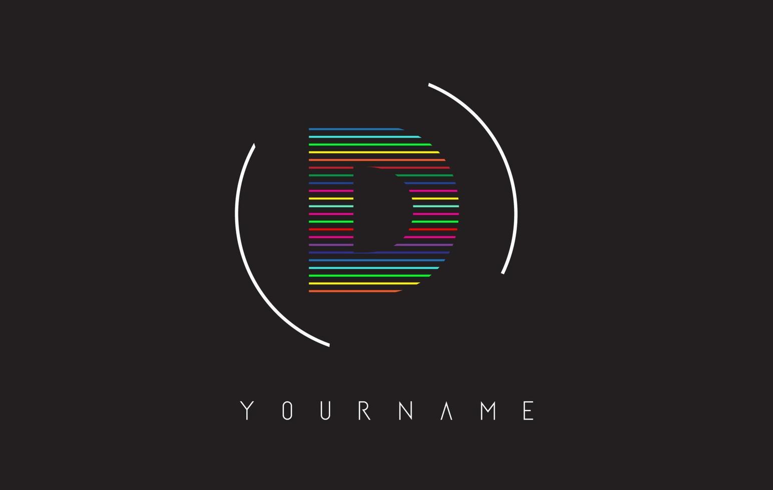 D Letter logo design with bright and bold rainbow lines and rounded frame. vector