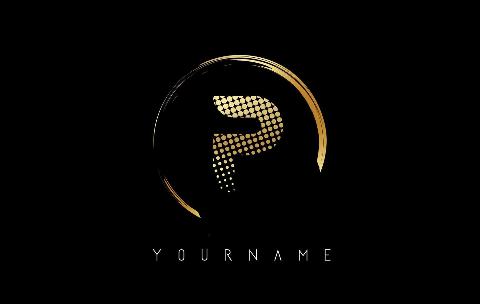 Golden P letter logo design with golden dots and circle frame on black background. vector