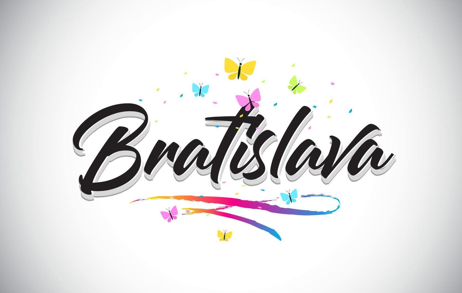 Bratislava Handwritten Vector Word Text with Butterflies and Colorful Swoosh.