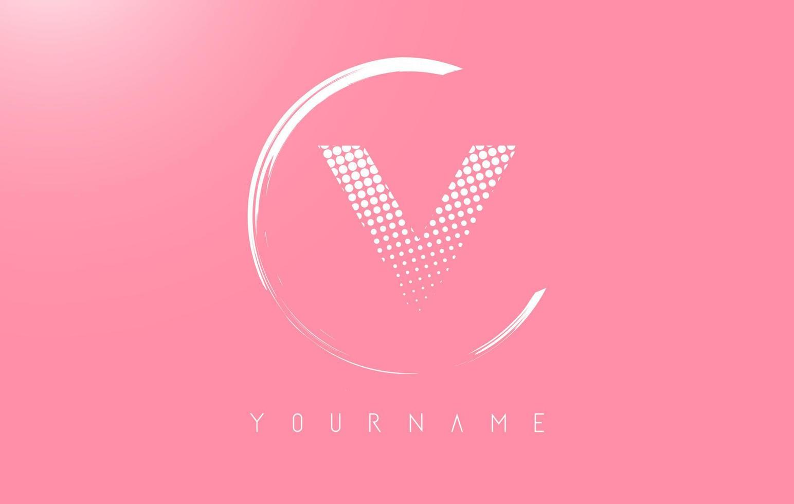 White V letter logo design with white dots and white circle frame on pink background. vector
