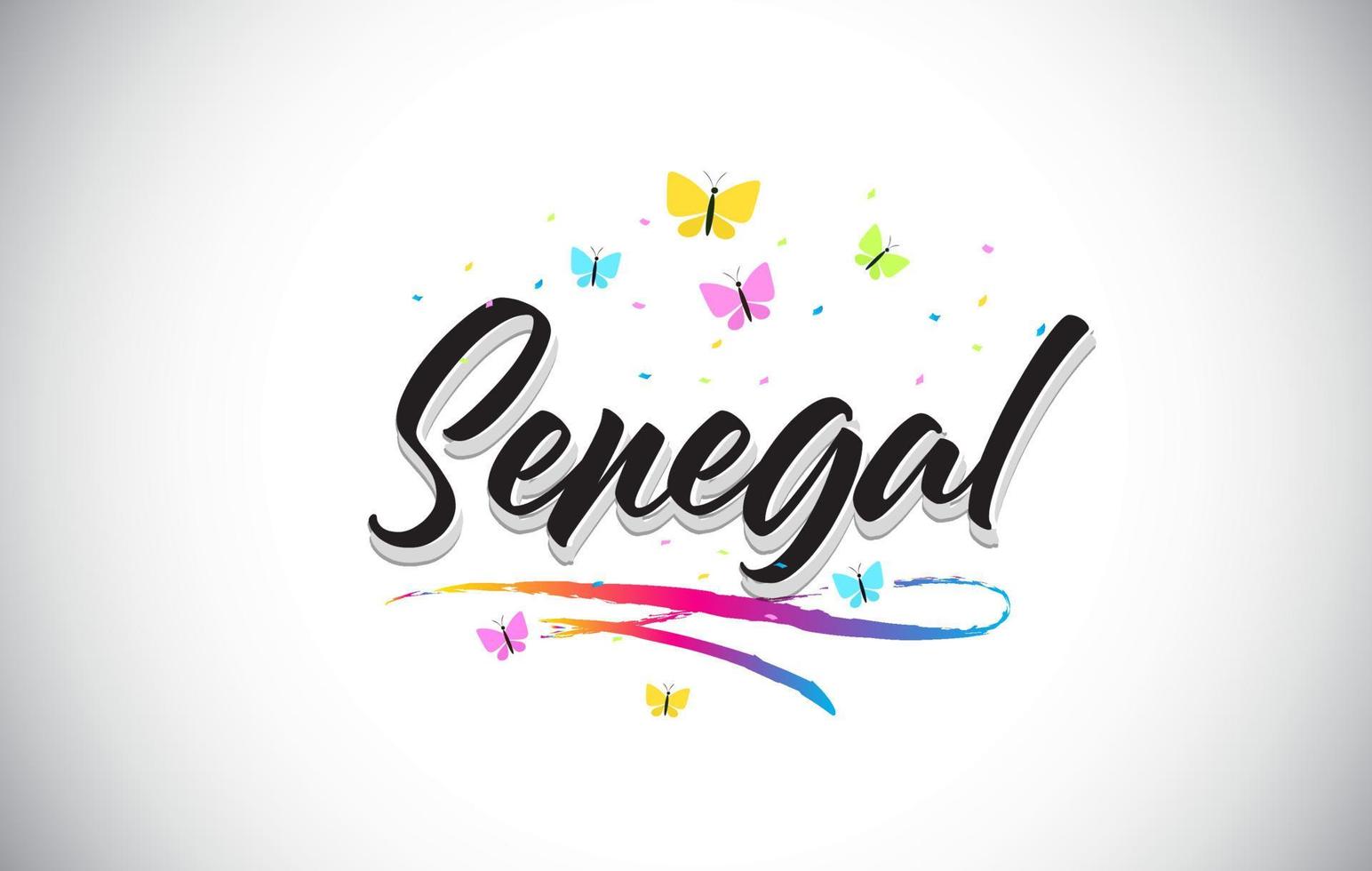 Senegal Handwritten Vector Word Text with Butterflies and Colorful Swoosh.