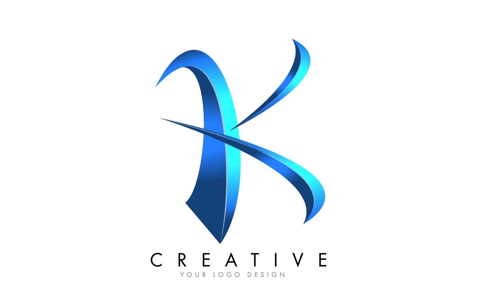 Creative K letter logo with Blue 3D bright Swashes. Blue Swoosh Icon Vector. vector