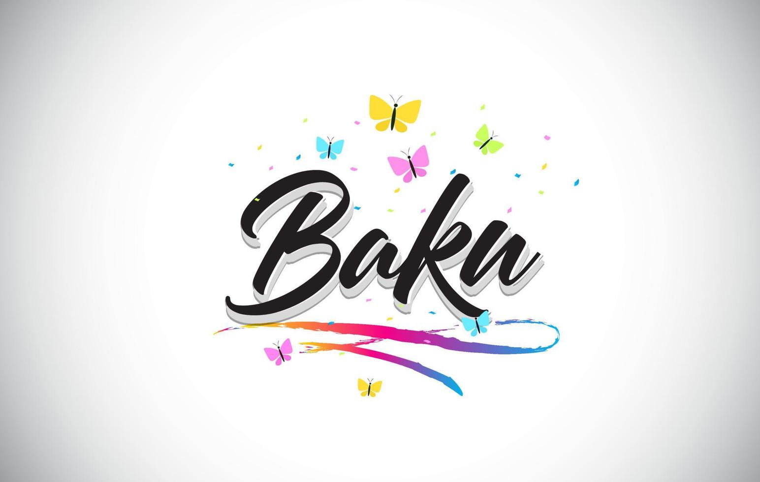 Baku Handwritten Vector Word Text with Butterflies and Colorful Swoosh.