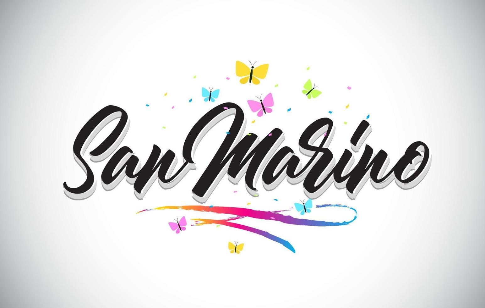 SanMarino Handwritten Vector Word Text with Butterflies and Colorful Swoosh.