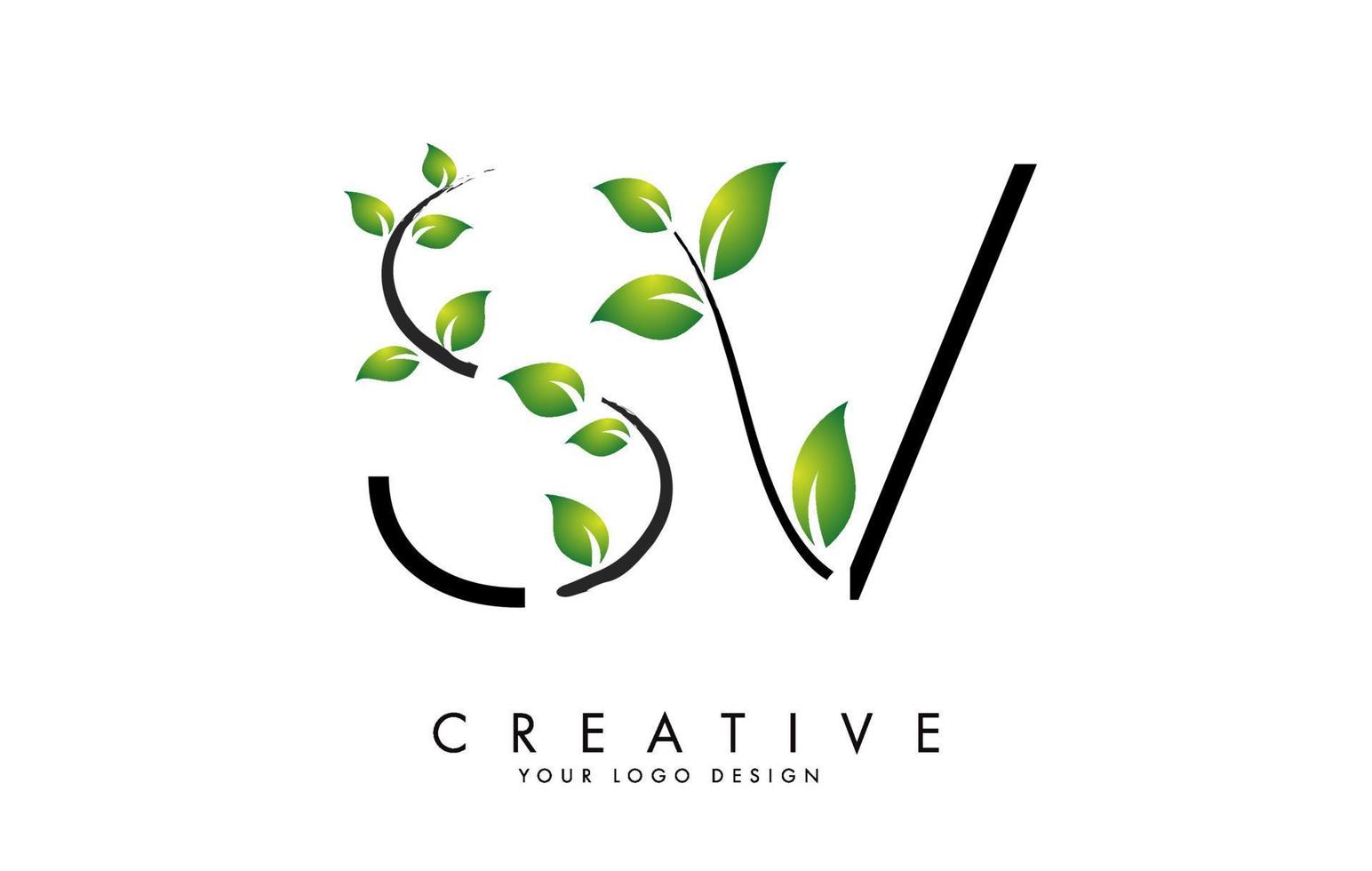 Leaf Letters SV S V Logo Design with Green Leaves on a Branch. Letters SV S V with nature concept. vector
