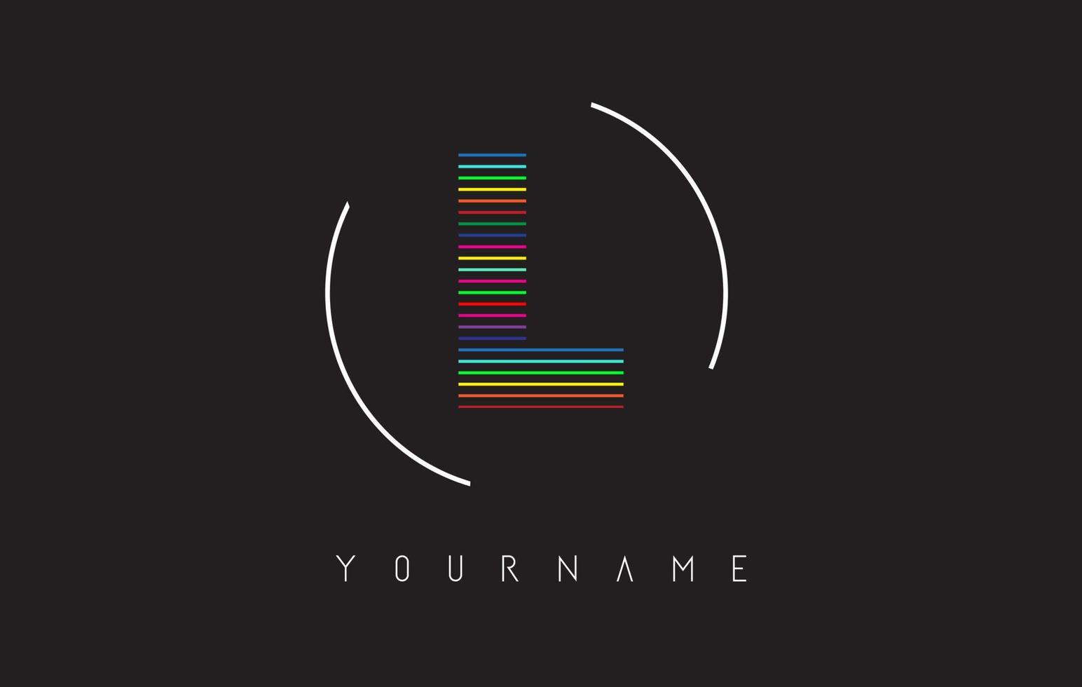 L Letter logo design with bright and bold rainbow lines and rounded frame. vector