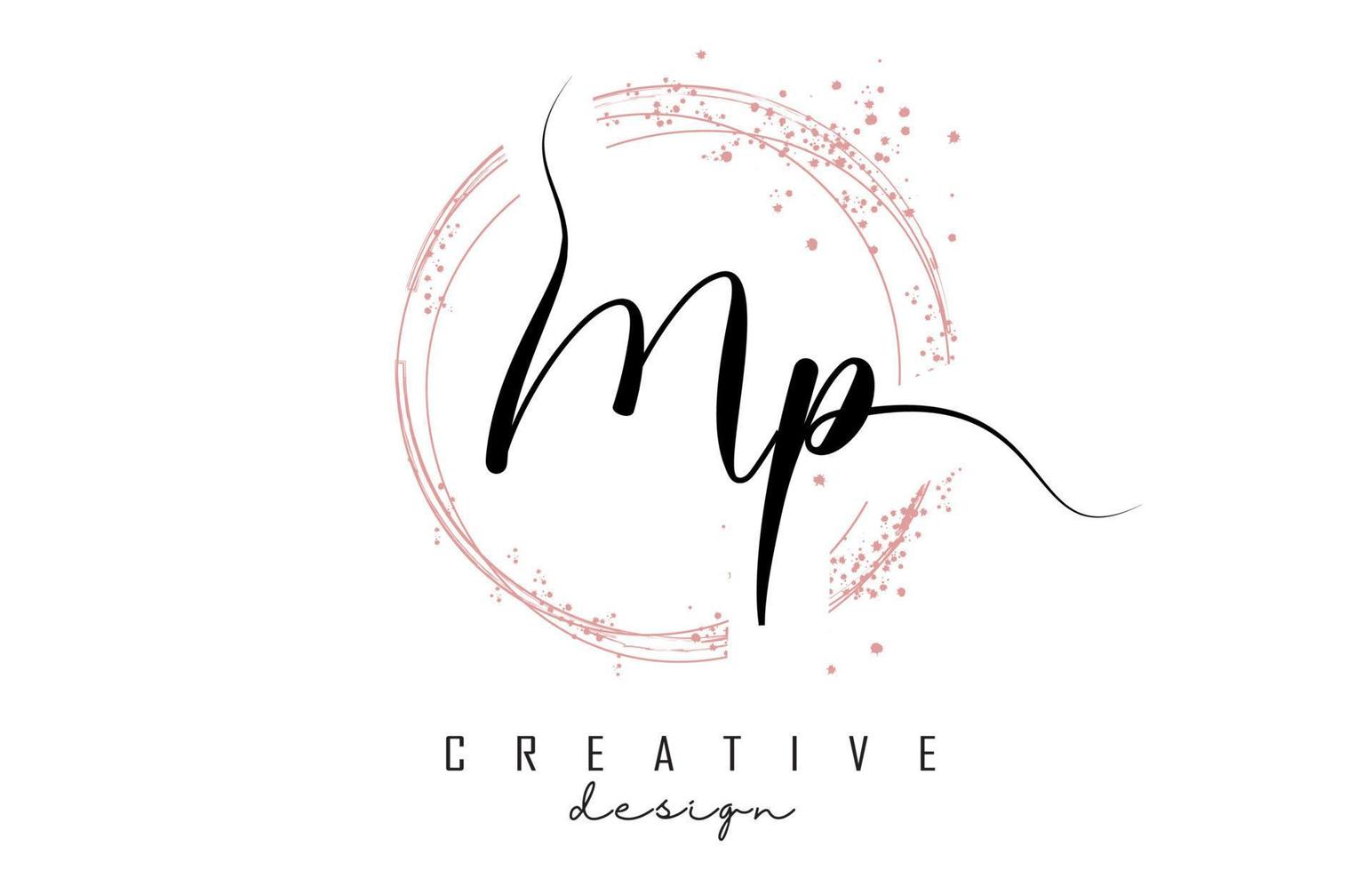 Handwritten Mp M p letter logo with sparkling circles with pink glitter. vector